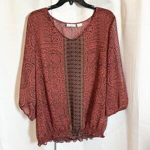 Liz Claiborne Top Large Rustic Brown Sheer Floral Whimsical Boho Smocked 18734‎